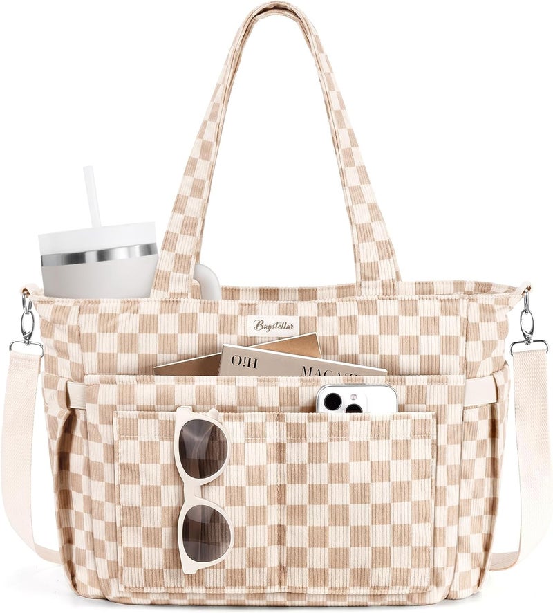 Bagstellar Corduroy Tote Bag for Women, 17 Pockets Laptop Work Tote Bag Lightweight Teacher Nurse Bible Bag for School Travel | with 40oz Cup Holder, Multi Compartment, Zipper Crossbody Bag, College Shoulder Bag, Daily Purse w/ Strap, Ideal Gift for Women - Image 1